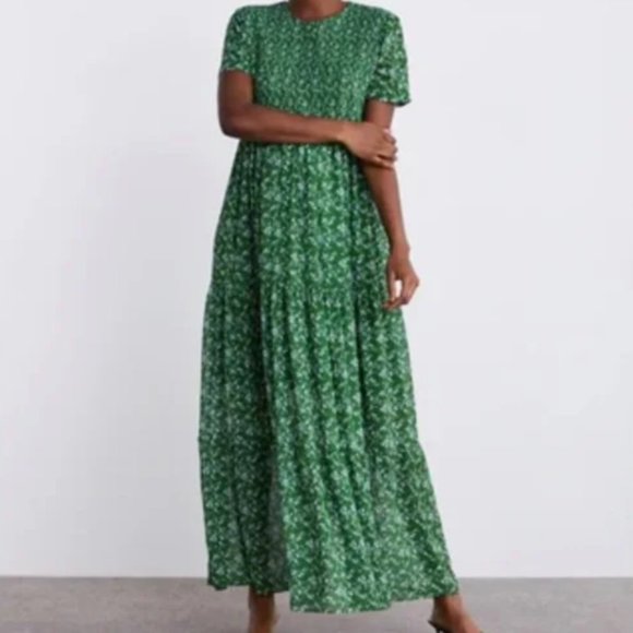 Zara Dresses Zara Green Floral Smocked Dress Poshmark
